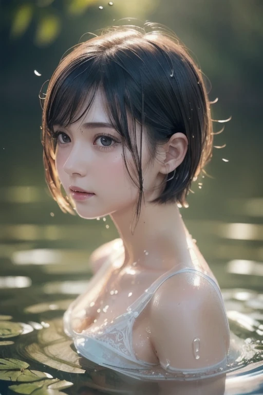 Beautiful Young Female ,Short hair ,Lake, extremely delicate and beautiful,Outstanding light and shadow, highly detailed wallpaper,Clear and bright sunlight, Professional portrait, Semi-nude photography, close up portrait of bathing in a lake, reeds, (backlighting) Sparkling water surface, masterpiece, Soaked in water, Wearing red Beltbra, Upper breasts, lens flare, Shade, bloom, [chromatic aberration], by Jeremy Lipking, by Antonio J. Manzanedo, digital painting, (((Misako Renbutsu))) 8K TopQuality
