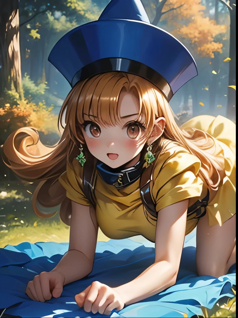 （（（ＳＦＷ、Accuracy、Highest quality、 A first-class masterpiece 、 Normal body 、8k、   detailed color 、 super precision 、   Normal Hands 、５See also、Highest）））、" Dragon Quest IV"、 Arena、arena、 Blonde、 STRAIGHT LONG HAIR、  short、 slender、A yellow dress with a torn chest and exposed skin、 yellow mini skirt with torn underwear visible、 Torn Blue Cloak 、 Tattered Blue Pointy Hat 、 loose clothes 、Half naked、Fighting Girl、pinch、Anxious face、blush、cornered、 on all fours、rolled up howing off、white sexy panties、The Fall of Slaves、 Chain Lead Slave Collar 、forest