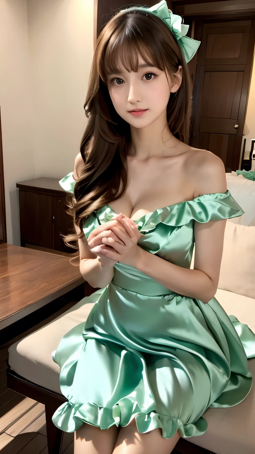 ulzzang -6500-v1.1, (Raw photo:1.2), (Photorealsitic), a beautiful detailed girl, (Real: 1.4), ighly detailedな目と顔, beatiful detailed eyes, (((Upper class girl in elegant formal dress of random color:1.3)))、(Ultra-realistic pantyhose:1.2), (high-heels:1.2), (I keep my hair up and short)、 (Very affectionate smile:1.2)、sitting on a chair at a party、huge filesize, hight resolution, ighly detailed, top-quality, [​masterpiece:1.6], illustratio, ighly detailed, nffsw, finely detail, top-quality, 8k wallpaper, Cinematographic lighting, 1girl in, 17 age, perfect body type, cute droopy eyes beautiful big eyes、Pieckfinger, ((masutepiece)), Best Quality, 1girl in, eye shadow, Upper body, Portrait, ((FULL BODYSHOT:1.6))、