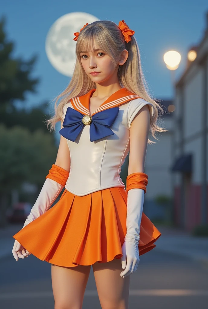 masterpiece, top-quality, hight resolution, SV1, Sailor Senshi Uniform, Orange skirt, elbowgloves, tiarra, pleatedskirt, a miniskirt, Red bow, orangechoker, white glove, jewely, city nigth, natta, a moon, cowboy shot, is standing,A smile