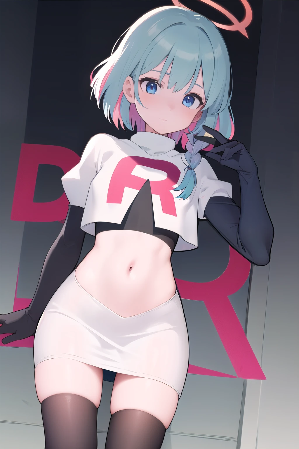 courtney, 1girl, solo, breasts, looking at viewer, short hair, bangs, simple background, white background, purple eyes, purple hair, horns, eyelashes, fake horns, horned headwear, team rocket,team rocket uniform, red letter R, white skirt,white crop top,black thigh-highs,black elbow gloves,