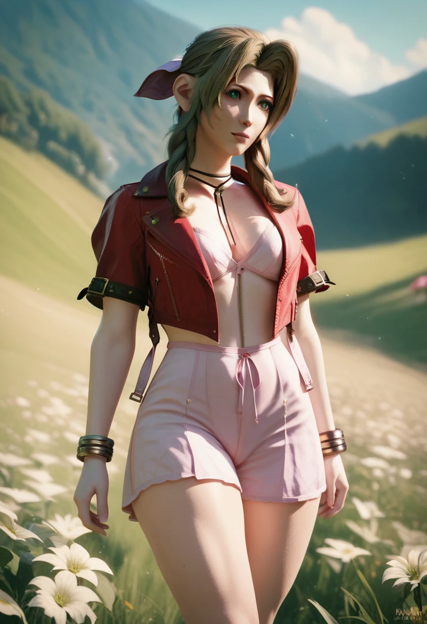 final fantasy 7 remake- Aerith - Alice - CG - Like, masterpiece, best quality, there is a beautiful sexy mature lady kneeling down in the ocean wearing a micro bikini, 1girl, solo, sexy swimsuit, multiple tied, yellow tropical-pattern-bikini, high leg bikini bottom, wet hair, water, breasts, cleavage, under , jewelry, smile,