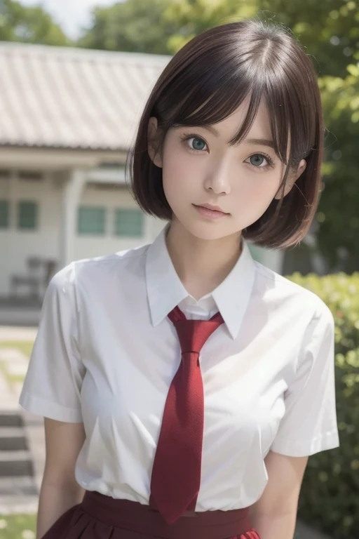 (table top, highest quality:1.2), 8k, 18-year-old, 85mm, official art, RAW photo, absurd, white dress shirt, cute face, close, Upper body, viola lace, gardenia, beautiful girl, school uniform, (navy pleated skirt:1.1), Cinch West, thighs thighs, short sleeve, classroom, ponytail、short hair、short hair、sit on a bench seat, looking at the viewer, no makeup, (smile:0.4), film grain, chromatic aberration, sharp focus, face light, clear lighting, teen, detailed face, background bokeh, (dark red tie:1.1)、日本の学校のclassroom、classroom