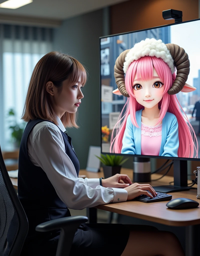 ultra-realistic, photorealistic, dramatic scene, shadow, global-illumination, 1 woman\(young Japanese beautiful woman, very beautiful fragile Japanese girl, very beautiful with very cute but boyish cool face, very ?????????????, slim waist, wearing a office worker's elegant uniform\), the large computer display is displaying an 2D animated sheep girl\(chibi anime, 2D animated cute sheep girl, chibi-anime-girl, long pink fluffy hair, sheep girl, dark beige round horns, thick eyebrows, smile, pink dress, sky blue cardigan, sitting in the busy office room\), in the stylish office room, the woman is having a web conference with the sheep girl