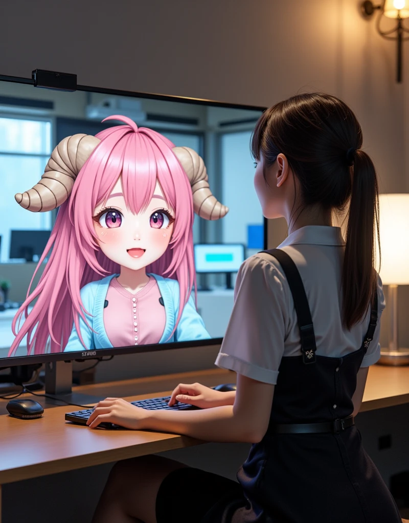 ultra-realistic, photorealistic, dramatic scene, shadow, global-illumination, 1 woman\(young Japanese beautiful woman, very beautiful fragile Japanese girl, very beautiful with very cute but boyish cool face, very large breasts, slim waist, wearing a office worker's elegant uniform, looking at viewers and showing peace sign\), the large computer display is displaying an 2D animated sheep girl\(cute chibi anime, chibi, 2D animated cute sheep girl, chibi-anime-girl, long pink fluffy hair, sheep girl, dark beige round horns, thick eyebrows, smile, pink dress, sky blue cardigan, sitting in the busy office room\), in the stylish office room, the woman is having a web conference with the 2D animated chibi-sheep-girl
