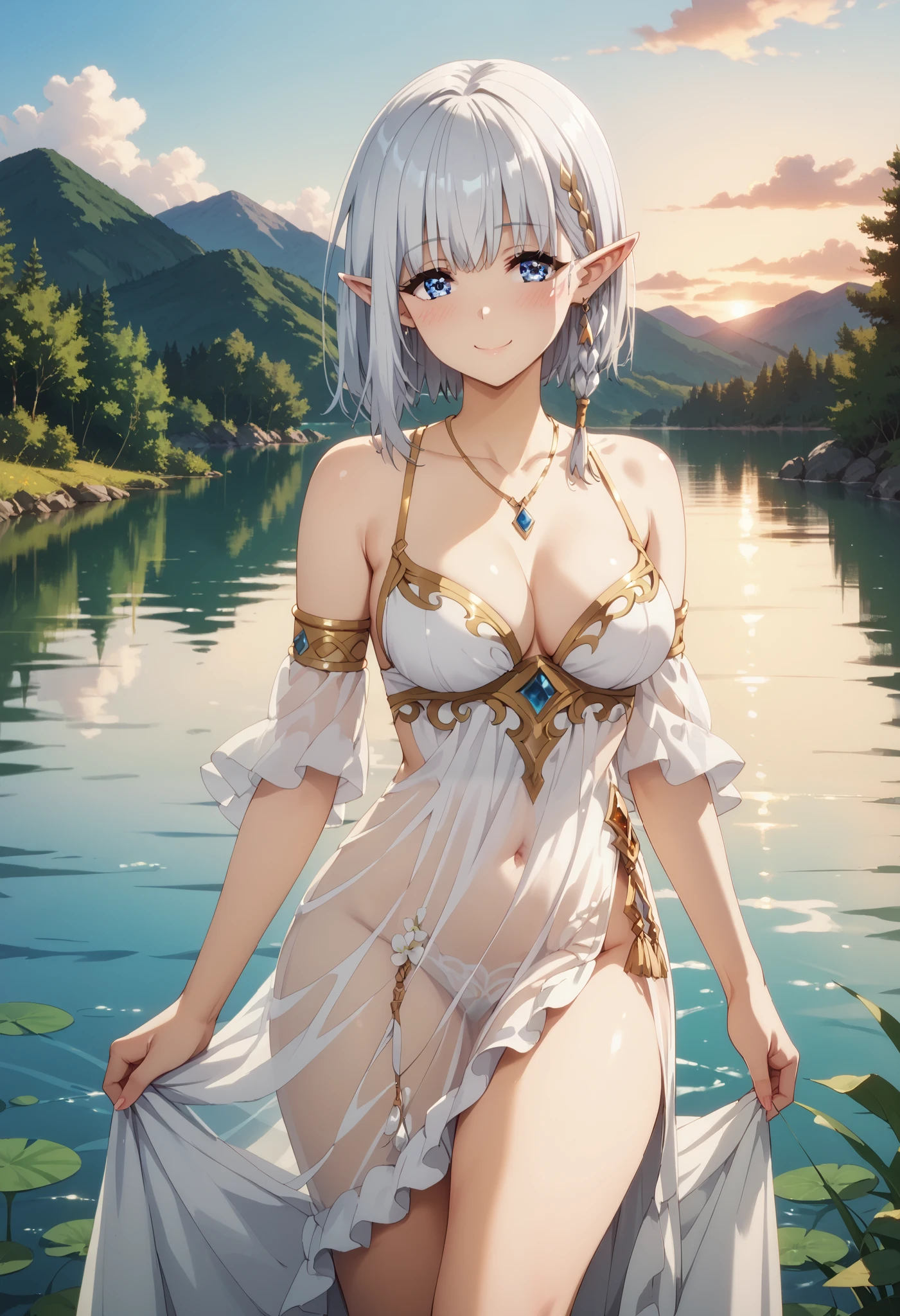 ( a very beautiful Elf bathing in a lake, her hair is white