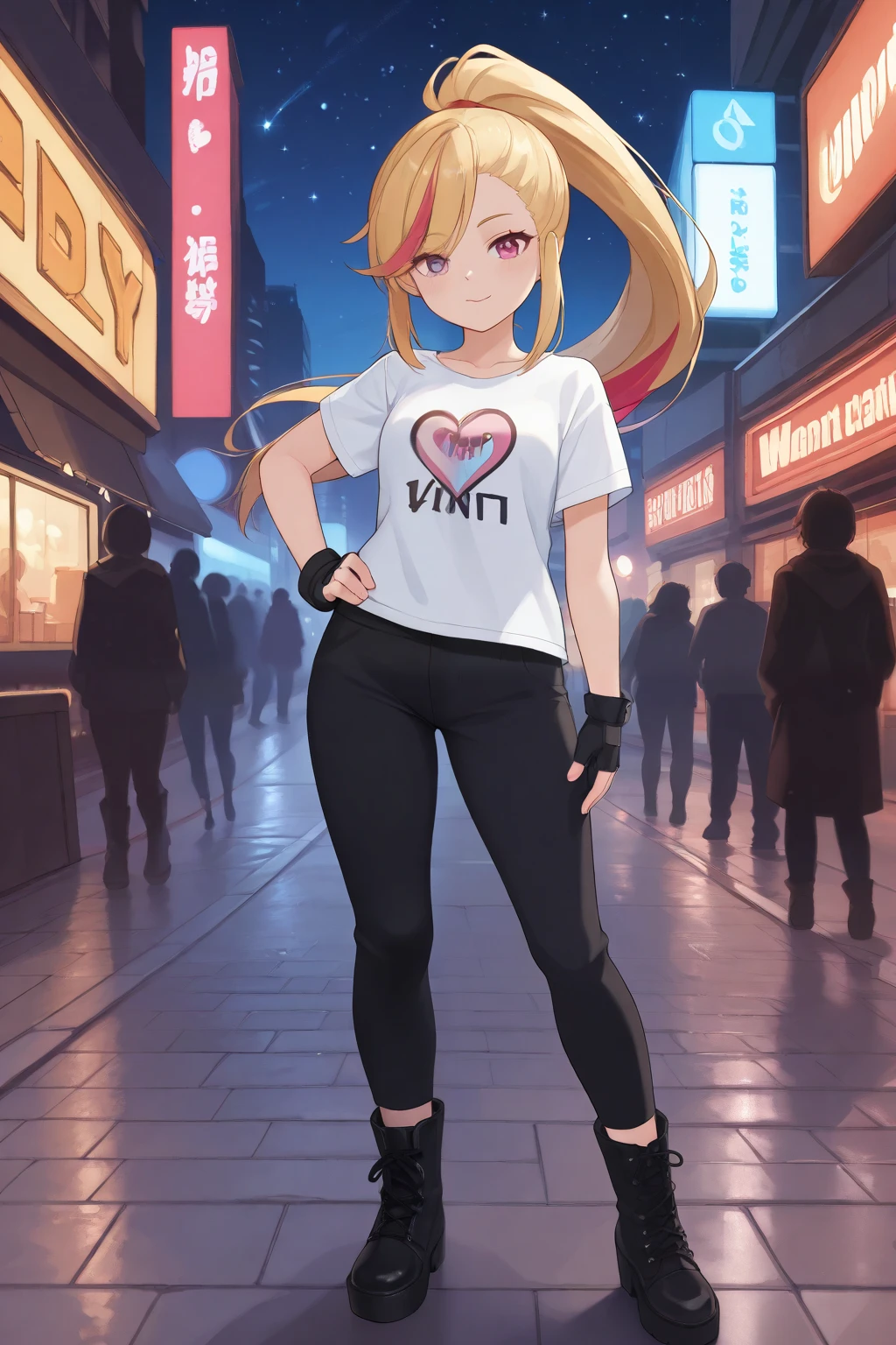 Lady, young woman, girl, long side bangs, long flowing ponytail, blonde with red highlights on hair, red stripes on hair, wasteland outfit, thick eyelashes, ultra detailed face, idol, black pants, black 'n white t shirt, streets adornments, black boots, fingerless gloves, futuristic adornments, lovely, city streets, night, starry night, cute walk