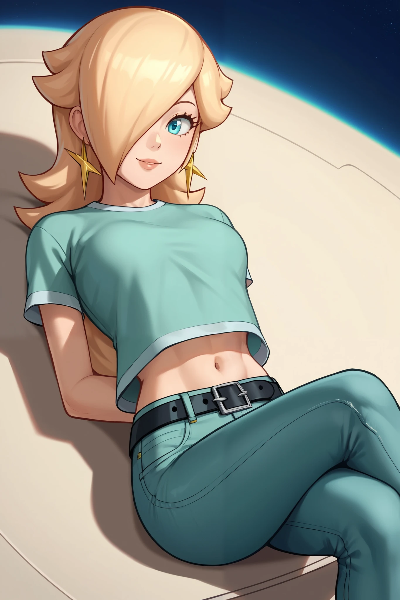 score_9, score_8_up, score_7_up, source_anime, rosalina, blonde hair, blue eyes, hair over one eye, long hair, star earrings, solo, cowboy shot, black t-shirt, taut clothes, tight shirt, midriff, navel, jeans, black belt, smile, laying, arms behind head, legs crossed, space background