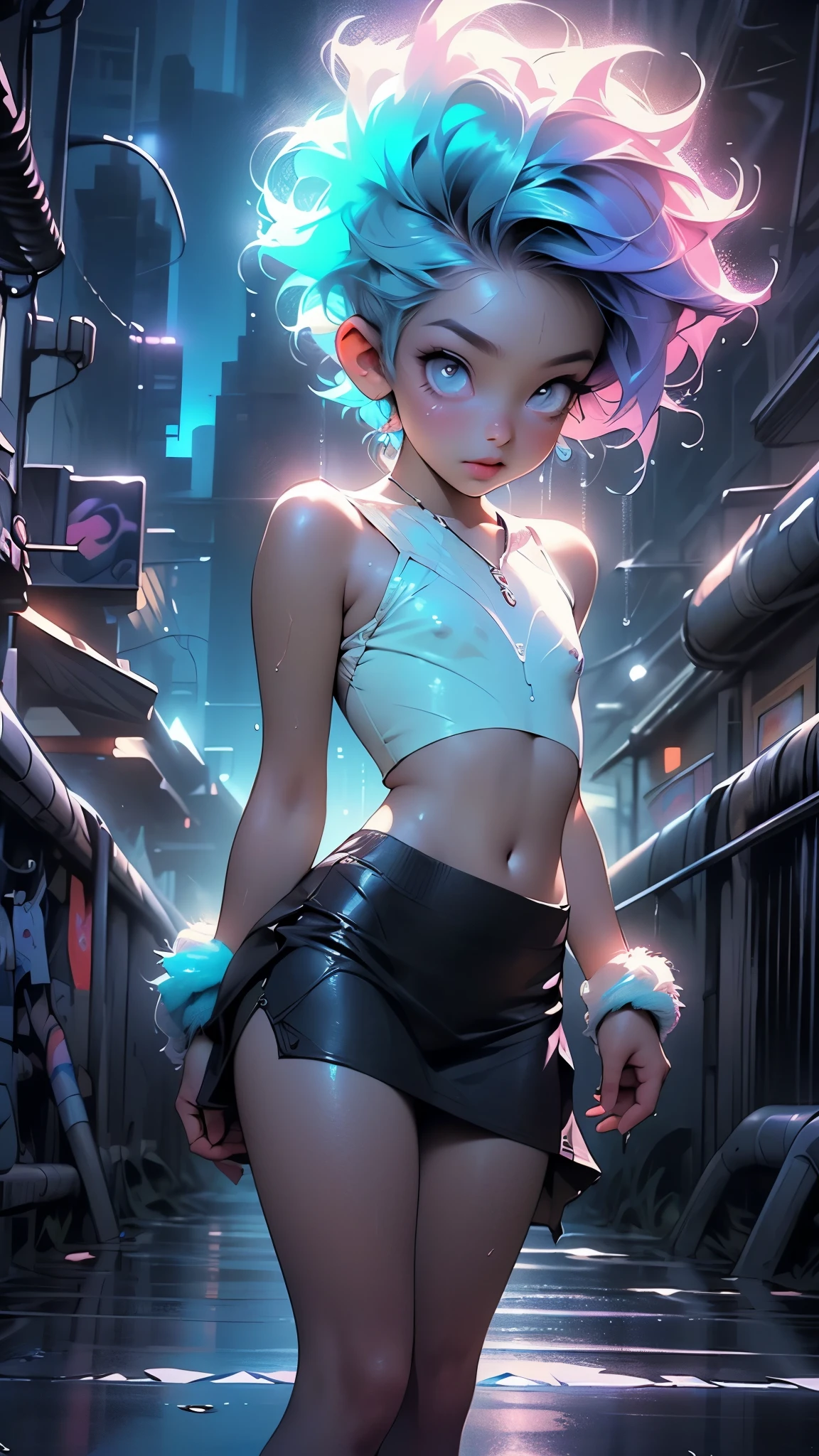 cute cartoon little ,(((little ,small tiny body,,chibi))),(((6 years old))),((extremely cute cartoon girl with liquid paint hair)),(((1 toddler:1.4))), (baby face), (round face),
(((flat chest))),(((short hair,liquid paint hair:1.1,neon purple hair|neon pink hair|neon blue hair|neon aqua hair|purple hair|fuchsia hair|fluorescent blue hair|amethyst hair|neon hair|bright pink hair :1.5,bright hair: 1.3,hair made of paint and defies gravity,thick flowing,paint splatter:1.3,shiny hair: 1.3,vibrant colored hair))),((heterochromia:1.5, (purple_eye and pink_eye))),intricate eyes,beautiful detailed eyes,symmetrical eyes,big eyes:1.5,((fat)),(((lustrous skin:1.5,bright skin: 1.5,skin tanned,shiny skin,very shiny skin,shiny body,plastic glitter skin,exaggerated shiny skin,illuminated skin,wet legs))),(detailed body),(detailed face),
cute,slutty,seductive,erotic,(((nsfw))),
revealing clothing,show skin,(wearing a Neon color theme clothing:1.3,micro clothes,fluorescent and neon clothing,rave fashion,micro crop top,micro skirt,visible thong straps,accessories LED),((underpants strap)),((wet clothes,intricate outfit,intricate clothes)),
(dynamic pose:1.0),solo focus,embarrassed,(centered,scale to fit dimensions,Rule of thirds),
cyberpunk city by the ocean at night, with bright neon signs and dark stormy clouds and puddles, scenery:1.25,nighttime, starry night, cosmos,Very dark night that makes the neon lights stand out, very bright neon lights,nighttime, starry night, cosmos,
artistic photography,(photography taken by sldr),highres, sharp focus,(ultra detailed, extremely detailed), (photorealistic artwork:1.37),(extremely detailed CG unity 8k wallpaper),((synthwave background theme)),(((vibrant colors))),intricate,(intricate background),(masterpiece),(best quality),perfect rendered face,perfect face details,realistic face,photo realistic,analog style,((intricate detail)),(((realism))),