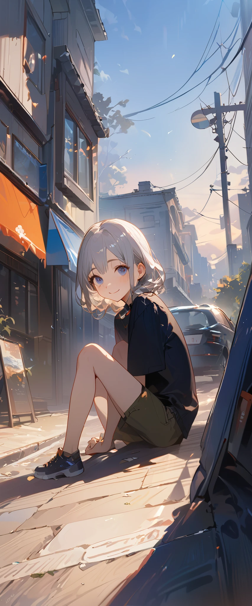 (one person, ,Small chest, bangs, long silver hair ,slope_ eyes),rest,(Meet me on the street,Very happy with me),rest, conceptual art , masterpiece, super detailed , Pay attention to details, high quality , 最 high quality , high resolution