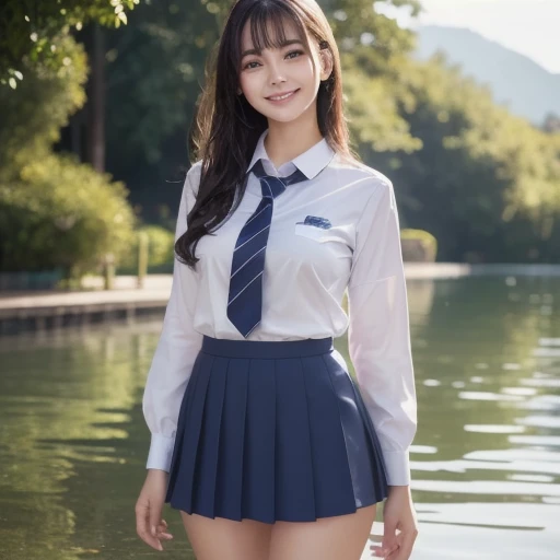 ((Best of the highest quality, 8k, Masterpiece, raw photo: 1.2)), (Sharp focus: 1.2), (1 AESPA, slim body type female, 21 y/o: 1.1), (Solo: 1.28), (realistic, photo-realistic:1.37), face focus, cute face, finely eyes, (droopy eyes: 1.32), (Emphasize prominent aegyo-sal with bright: 1.2), shimmering eyeshadow applied under the lower lash line, paired with thick, (small breasts, flat chest, Thigh: 1.3), (short messy hair: 1.28), (wearing school uniform, skirt: 1.32), (ribbon: 1.1), walking terrace dining, flower, (skirt is rolled up by the wind, from below: 1.16)