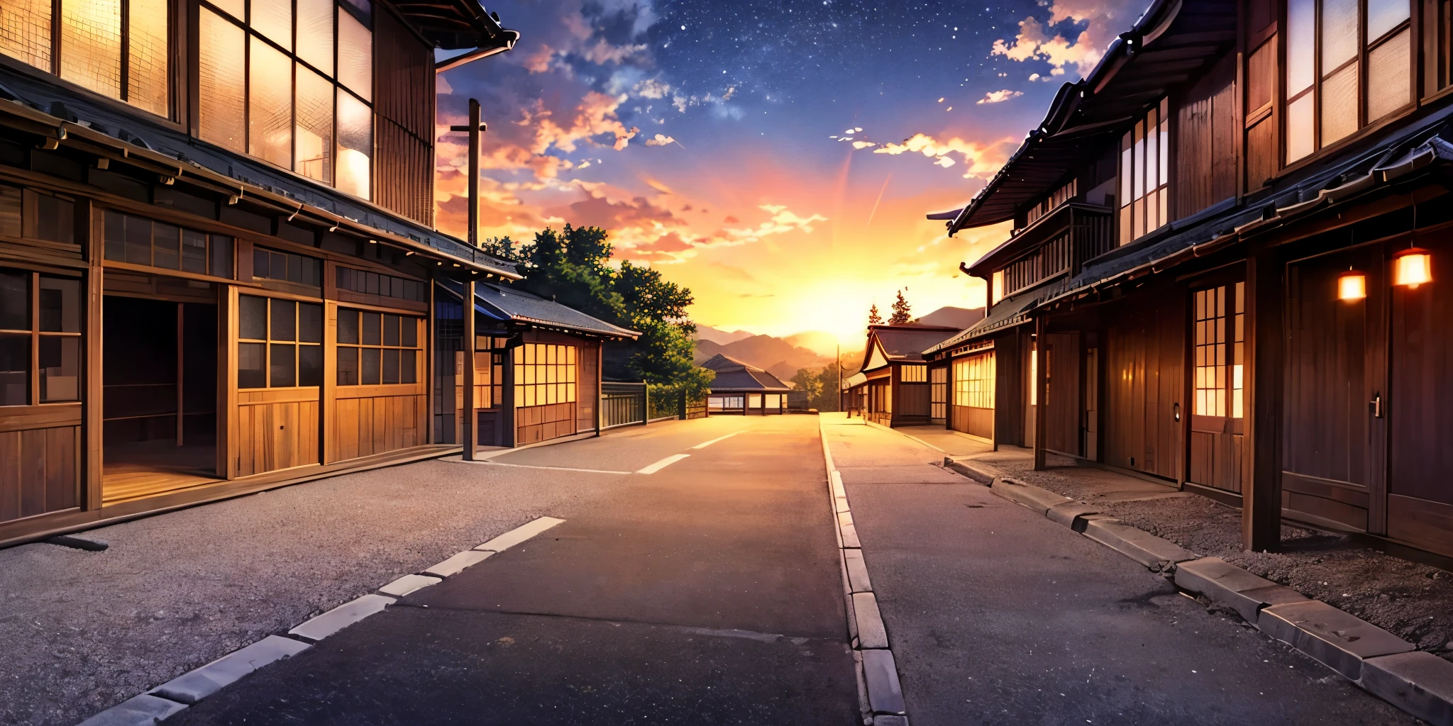 ,, night sky. Scenery of a summer festival amongst Japanese-style architecture like that of Kyoto, the morning sun rising in the dark sky, and a cluster of perfect Japanese architecture. 、