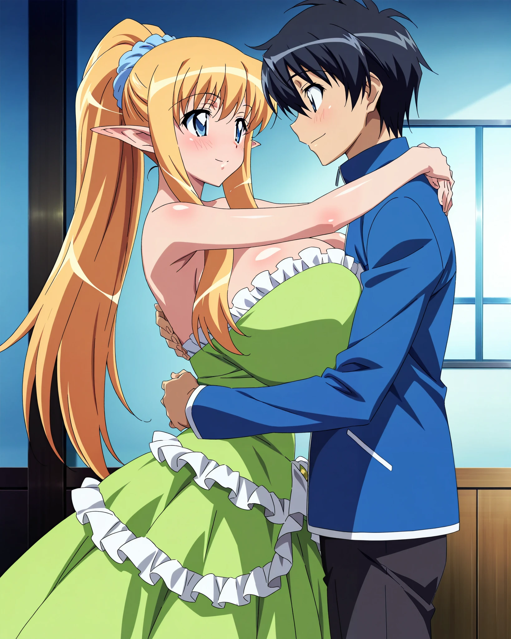 score_9, score_8_up, score_7_up, source_anime, anime coloring, anime screencap, 1 girl, alone, Tiffania Westwood (zero no tsukaima), elf, blonde hair, ponytail, blue scrunchy, blue eyes, warm smile, white beautiful skin, gigantic breasts, couple dance, slim body, cowboy shot, sideview, green ballgown, strapless gown, frills, frilled gown, bare shoulders, 1 boy, Saito Hiraga (zero no tsukaima), black hair, blue jacket, arms wrapped around shoulders, indoors