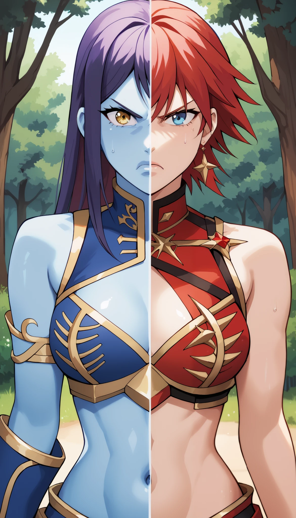line in the middle, masterpiece, best quality, SplitScreen, split screen, forest background, 1girl, right side, Red hair, Yellow eye, Red armored crop top, gold trim, natural skin tone, slender body, Cleavage, navel, angry expression, 
masterpiece, best quality, SplitScreen, split screen, forest background, 1girl, left side, Purple hair, Blue Eye, Purple armored crop top, Gold trim, blue skin tone, slender body, Cleavage, navel, angry expression,