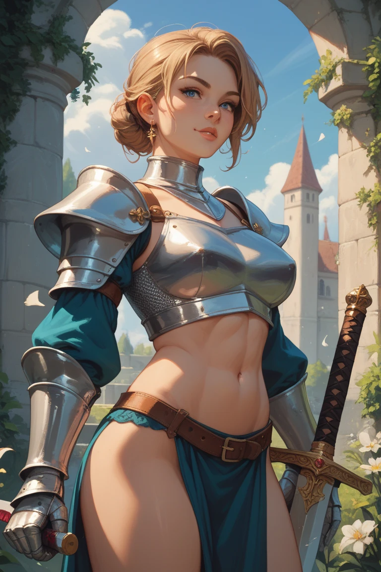 work of art, best qualityer, detaileds, Brunetette, frontal photo, warrior with fire sword, blue colored eyes, breasts cleavage, simple background, going, gazing at viewer