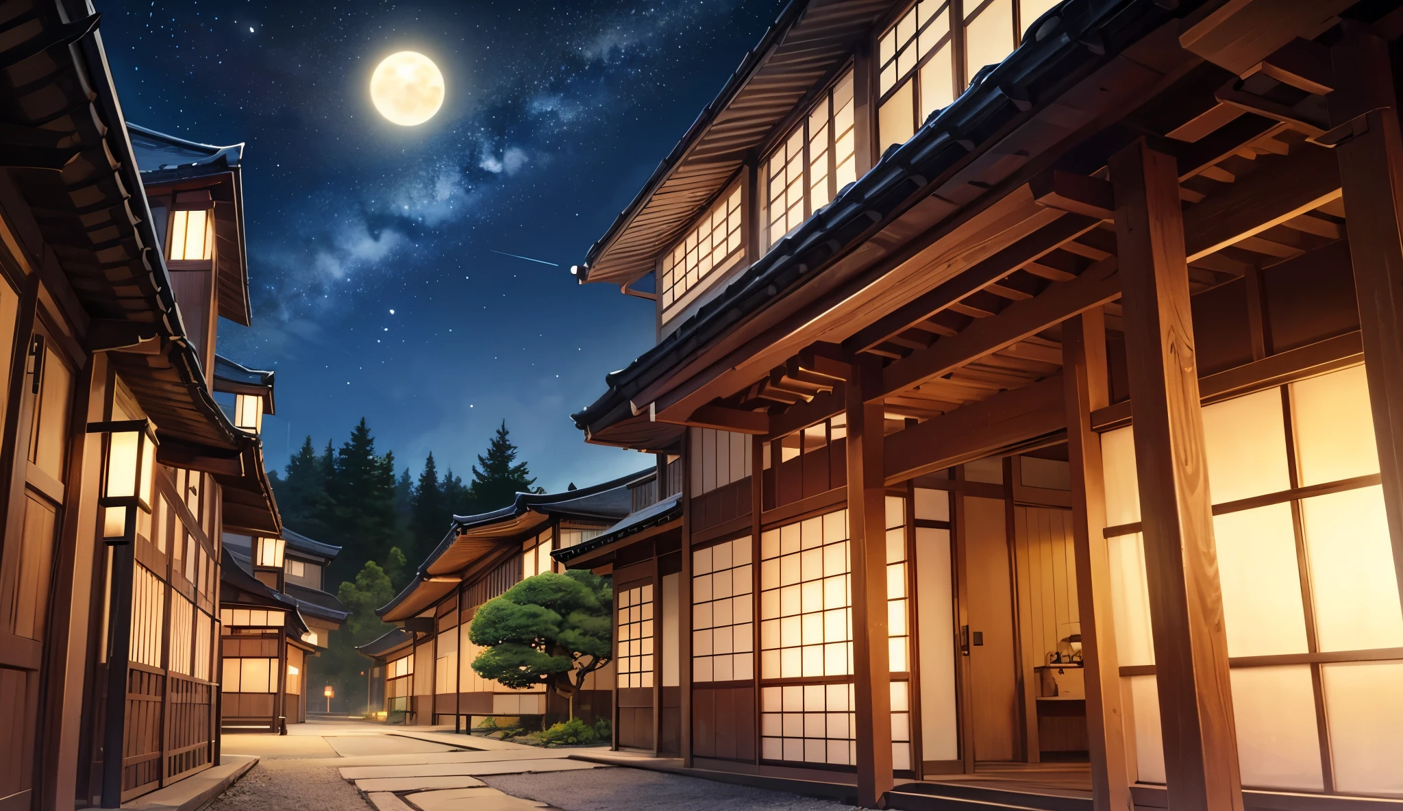 ,, night sky. Scenery of a summer festival amongst Japanese-style architecture like that of Kyoto, the morning sun rising in the dark sky, and a cluster of perfect Japanese architecture. 、