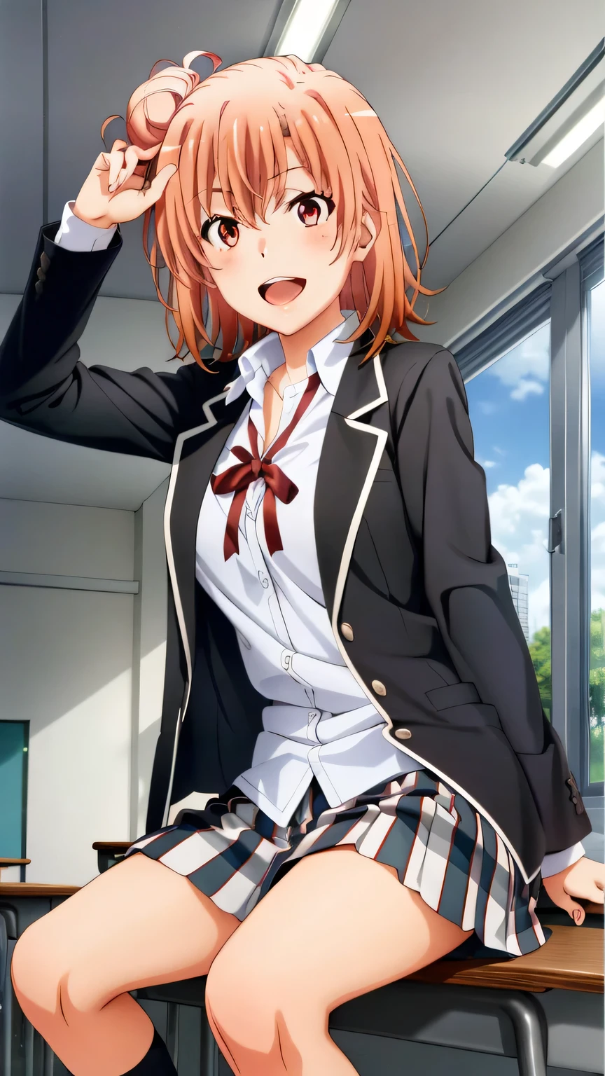 {{{masterpiece}}}, (best quality:1.5), (ultra-detailed:1.5), {illustration}, {{an extremely delicate and beautiful}}, (beautiful detailed eyes:1.6), absurdres, highres, extremely detailed face, 16k, hd, visual anime de uma jovem mulher, extremamente bonito rosto de anime, anime melhor garota, (perfect hands, perfect anatomy), anime face, Yuigahama Yui (Oregairu), aayui, 1girl, solo, cute face, (short hair:1.2), (single side bun:1.5), hair between eyes, pink hair, big eyes, (red eyes:1.4), big breasts, big hips, curvaceous, BREAK, {school uniform}, {sobu high school uniform}, black jacket, long sleeve, (open jacket:1.2), white shirt, collared shirt, (shirt tuck out:1.2), red ribbon tie, (plaid skirt:1.2), mini skirt, pleated skirt, kneehighs socks, black socks, BREAK ,1girl, cowboy shot, open mouth, kyoushitsu, classroom, indoors, school chair, school desk, chalkboard, window, ceiling light, curtains, smiling, peer in from below, looking at viewer, daytime, sit on the desk, spread crotch, spread legs, smiling, flushed cheeks