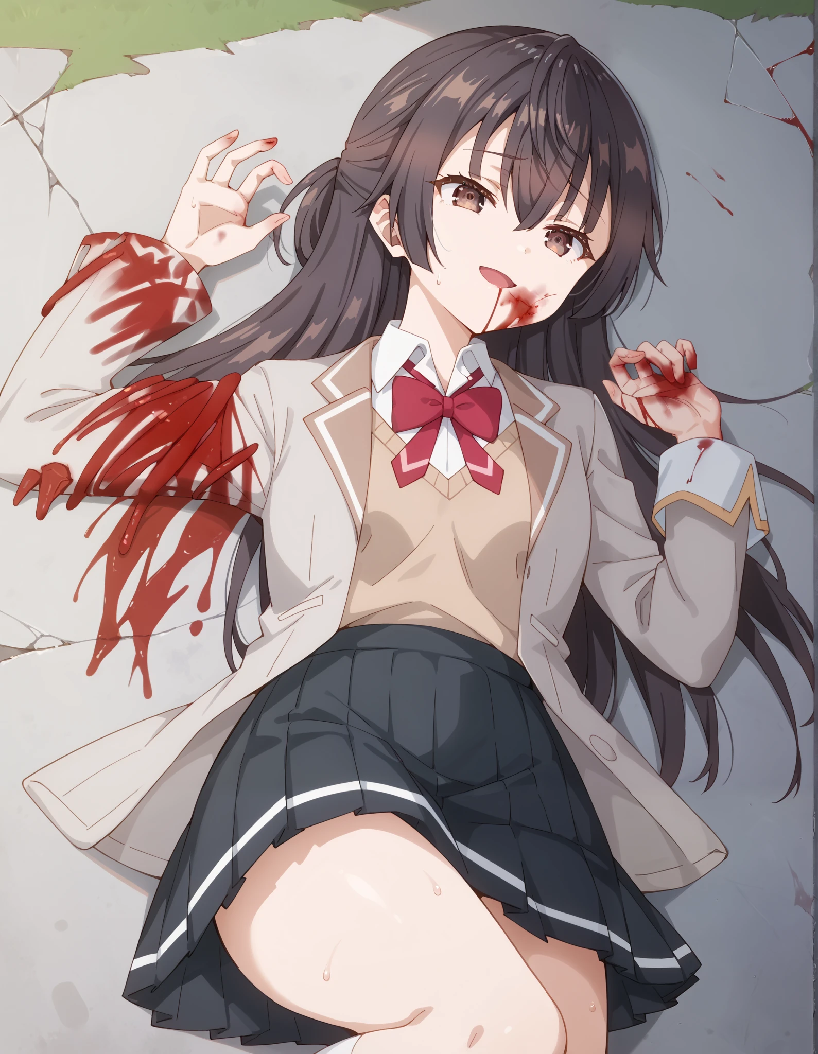Masterpiece, hd, best quality, 1girl, opened mouth, sad, sweating, long hair, updo, Yuki suou,  brown hair, hair between eyes, brown eyes, school uniform, grey jacket, long sleeves, open jacket, buttons, white shirt, collared shirt, red bowtie, brown sweater vest, black skirt, outdoor,  smile, lying, lying on ground, gore, gorecore, violence, dead, blood, blood on eyes, blood on mouth, broken hands, (broken hands:1.2), stumped hands, cowboy shot, fullbody, white socks, brown shoes 