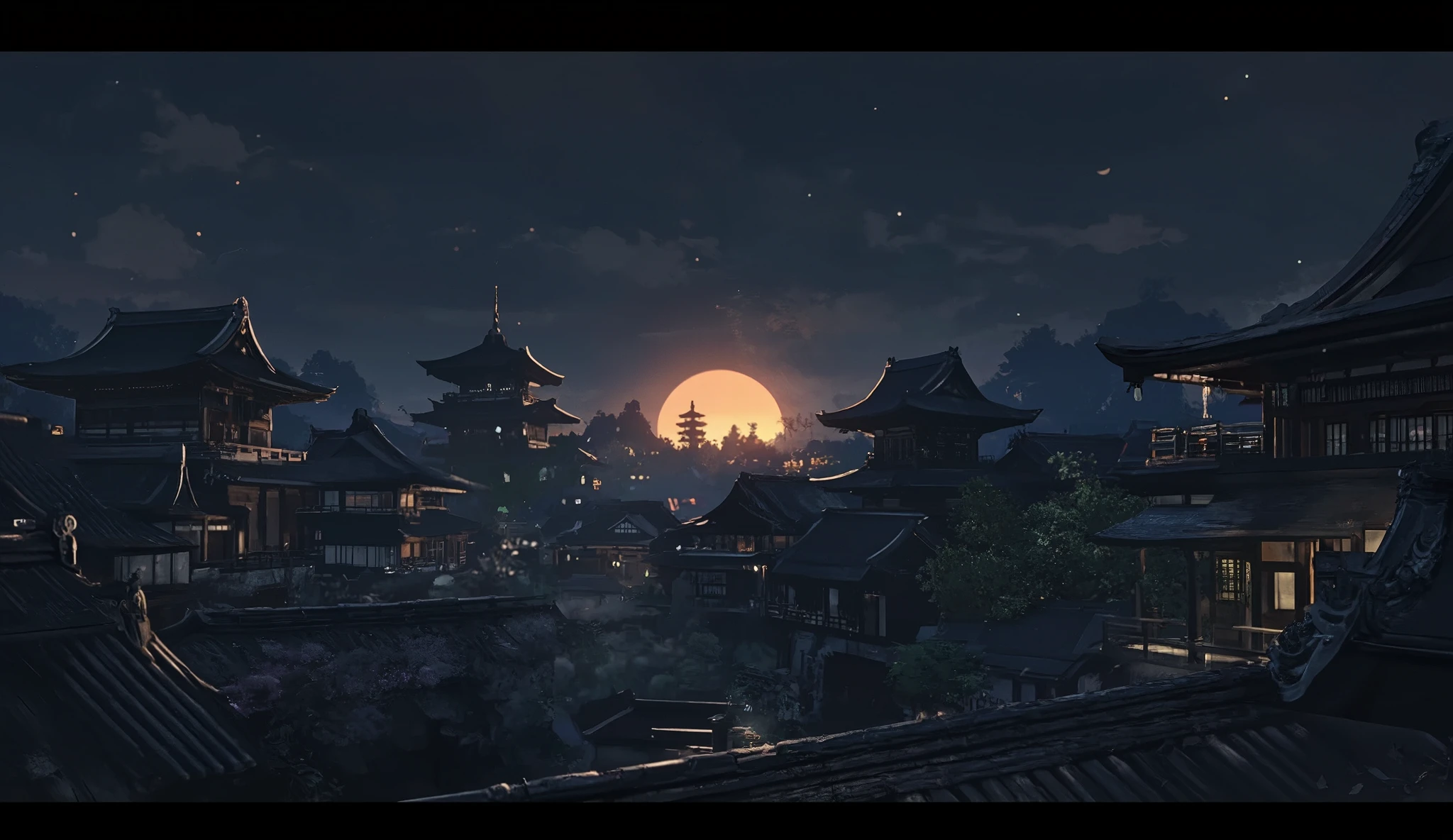,, night sky. Scenery of a summer festival amongst Japanese-style architecture like that of Kyoto, the morning sun rising in the dark sky, and a cluster of perfect Japanese architecture. 、