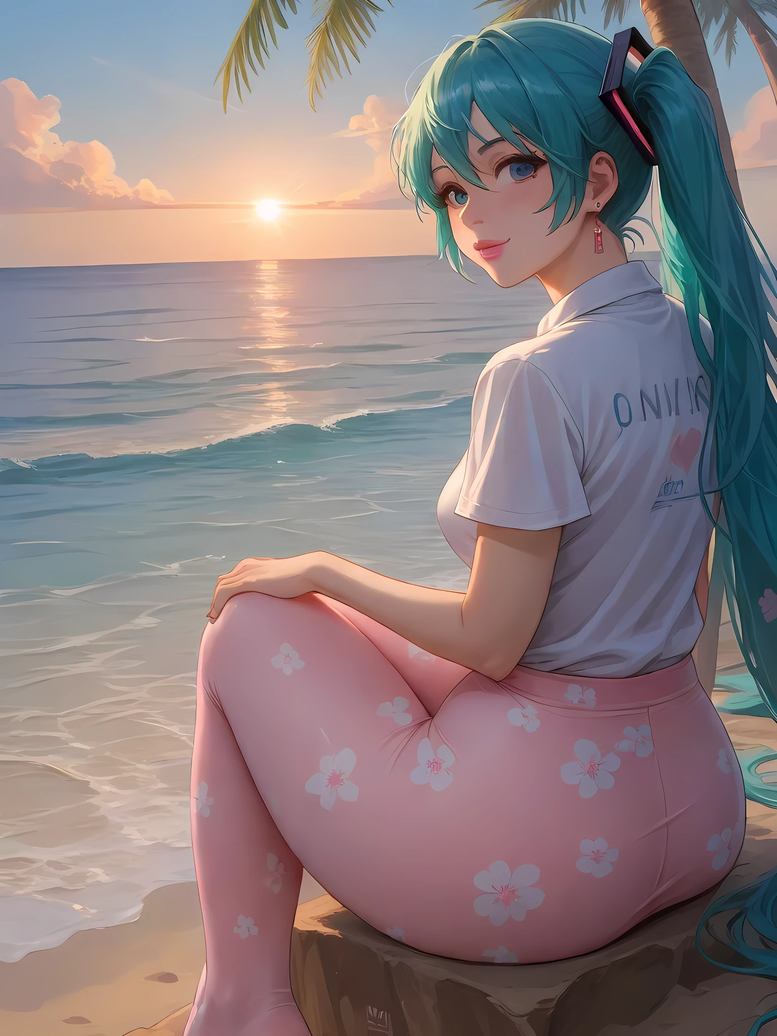 solo, girl, hatsune miku, pop idol, full body,earrings, eyelashes, pantyhose,normal hatsune mihu hair, (beach,(palm tree),crowd,(color shirt), blossom print,pink lips),sexy evocative smile,, (shiny skin:1.05),(blush:0.9),(skindentation:1.15),realistic, masterpiece, highest quality, highres,absurdres, (perfect face:1.1), (sharp focus:1.1),, trending on ArtStation, trending on CGSociety, Intricate, High Detail, Sharp focus, dramatic,