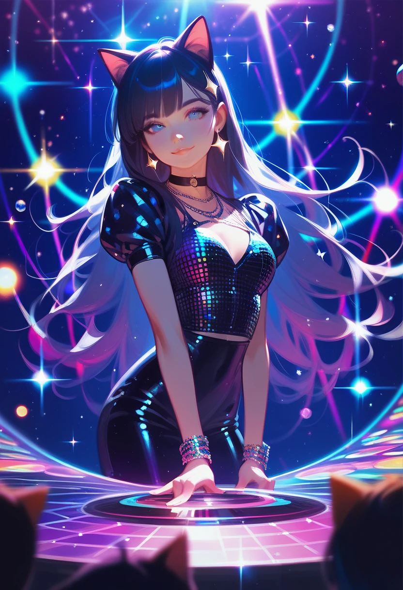 a glamour picture shot, of an elite model covered in stars, walking on a (dark catwalk: 1.2), an extraordinary glamourous elite female model, ((full body: 1.5)),  ((anatomically correct: 1.5), (ultra detailed face: 1.2), best detailed face, yrllow hair, long hair, lush hair, glam hair cut, blue eyes, delicate face, light make up, wearing intricate detailed dress, glamour dress, haute couture dress, elite fashion dress, black as night dress, decorated with bright stars, starlight,  small cleavage, wearing high heels, elegant high heels, she wears diamond necklace, she is glows in a soft starry light, she walks on (asteroid catwalk: 1.2), elite fashion show background, vibrant, Hyperrealism style, vibrant, Ultra-high resolution, High Contrast, (masterpiece:1.5), highest quality, Best aesthetics), best details, best quality, highres, ultra wide angle, 16k, [ultra detailed], masterpiece, best quality, (extremely detailed) RAW, chumbasket art style, magical sky, star