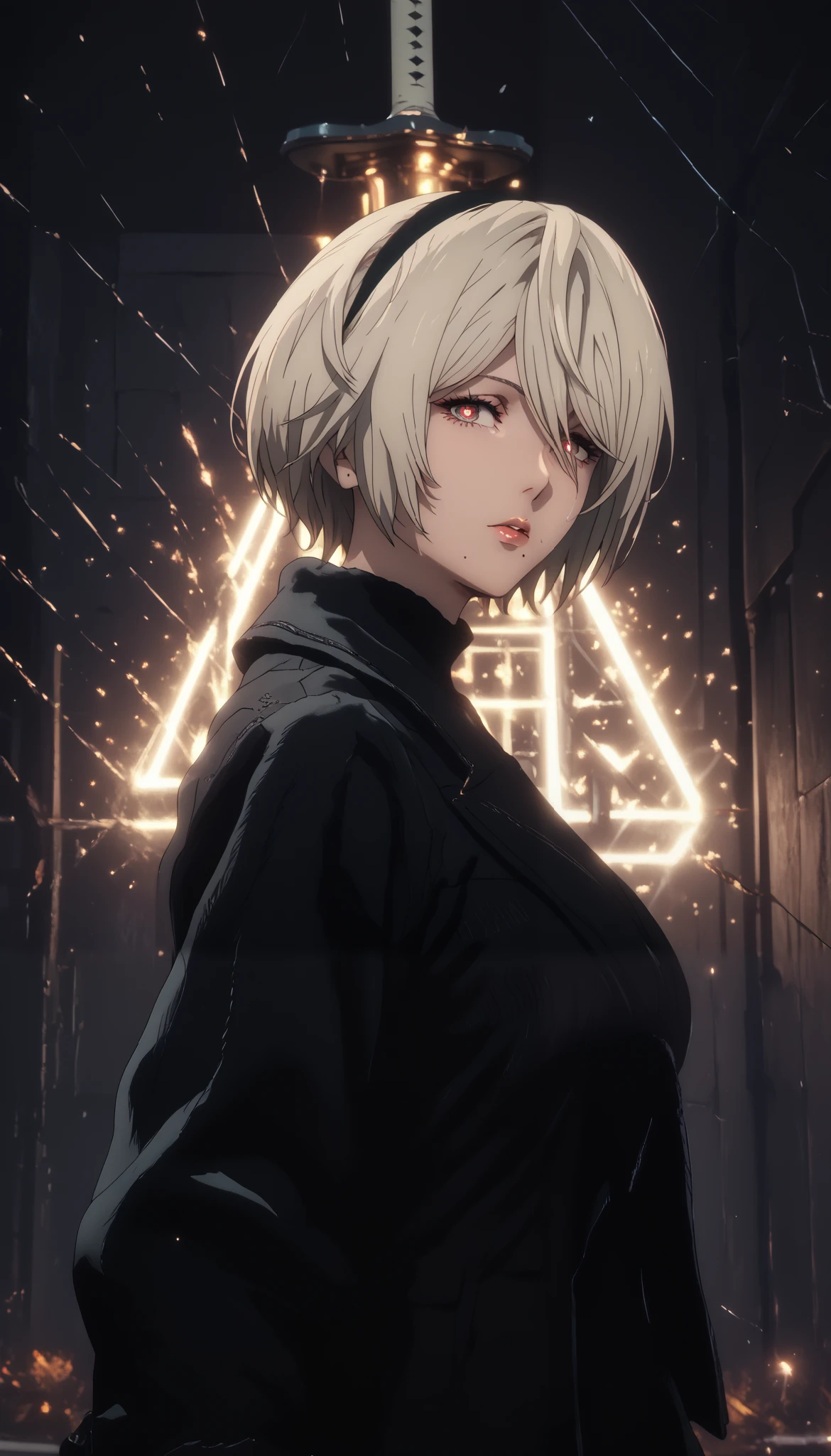 (cutesexyrobutts style:0.8), score_8_up, score_6_up, uncensored, 2b, yorha no. 2 type b, short hair, white hair, hairband, mole, black hairband, mole under mouth, huge breasts, red eyes, bright pupils, anime coloring, anime screencap, shiny skin, (voluptuous:1.3), (thick:1.3), BREAK UHD, retina, masterpiece, accurate, anatomically correct, textured skin, super detail, high details, high quality, award winning, best quality, highres, 4K, black nails, makeup, eyelashes, excessive sweating, sweating, sweating drop, (gasping, heavy breathing:1.3), (skindentation:1.2), perfect eyes, beautiful eyes, eyelashes, makeup, detailed body, perfect body, BREAK, fantasy, 1girl, solo, looking_at_viewer, jacket, sweater, upper_body, sidelocks, breasts,  coat, ribbed_sweater, turtleneck, 