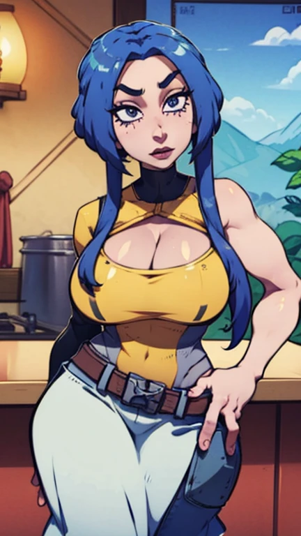 (masterpiece, official art), sona buvelle, league of legends, (huge breasts, giant breasts, curvy, voluptous), (wearing cow print, tight full closed bodysuit), (closeup), (portrait), smile, open mouth, lol splashart, twintails, gradient hair, hair ornament, blue hair, yellow hair, blue eyes