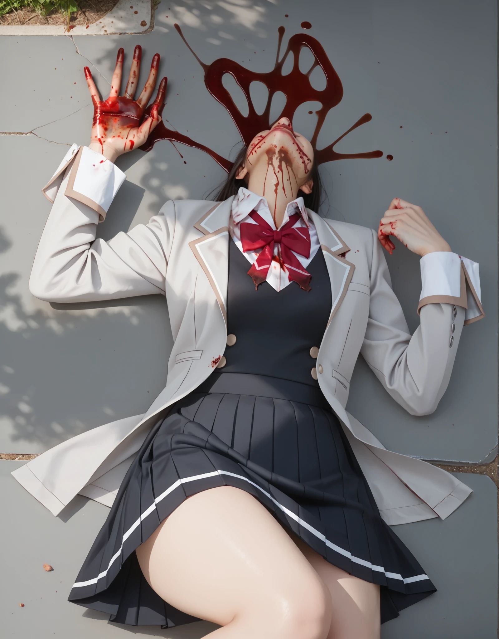 Masterpiece, hd, realistic, best quality, 1girl, gore, (gore:1.3), blood,(blood:1.2), a much of bloods, missing heads, expoode heads, broken heads, (missing heads:1.2), Yuki suou, school uniform, grey jacket, long sleeves, open jacket, buttons, white shirt, collared shirt, red bowtie, black sweater vest, black skirt, outdoor, smile, lying, lying on ground, broken anatomy, missing hands, broken hands, gorecore, violent, death