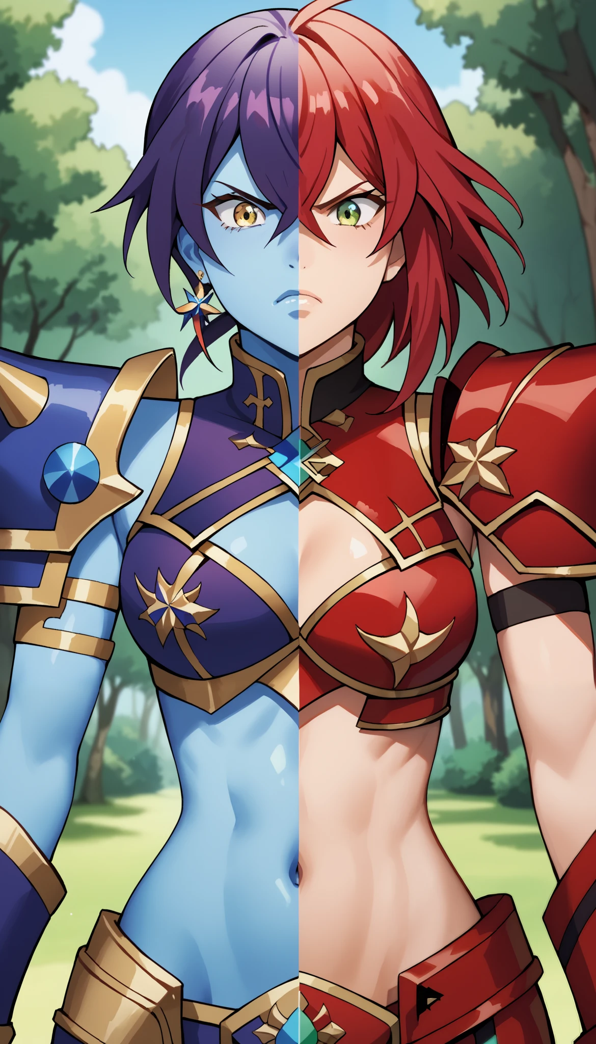 line in the middle, masterpiece, best quality, SplitScreen, split screen, forest background, 1girl, right side, Red hair, Glowing Yellow eye, Red armored crop top, gold trim, red shoulder pad, natural skin tone, slender body, Cleavage, navel, angry expression,
masterpiece, best quality, SplitScreen, split screen, forest background, 1girl, left side, Purple hair, Glowing Blue Eye, dark Purple armored crop top, Gold trim, dark Purple shoulder pad, blue skin tone, slender body, Cleavage, navel, angry expression,