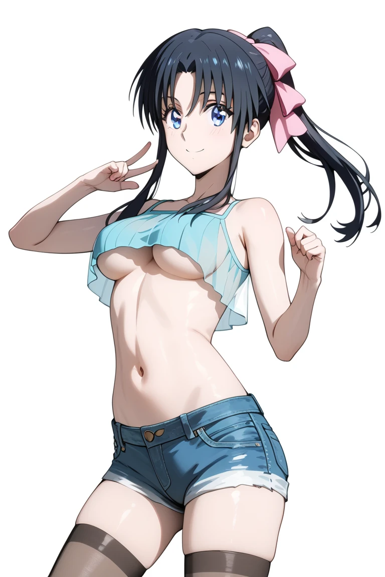 Micro Bikini,Parker jacket, (High resolution:1.4), (masutepiece:1.2), (High quality:1.3) 1girl, saten ruiko, green eyes, long hair, black hair, small breast, cinematic lighting, pov, dynamic angle, party pool, smile, open mouth, nsfw