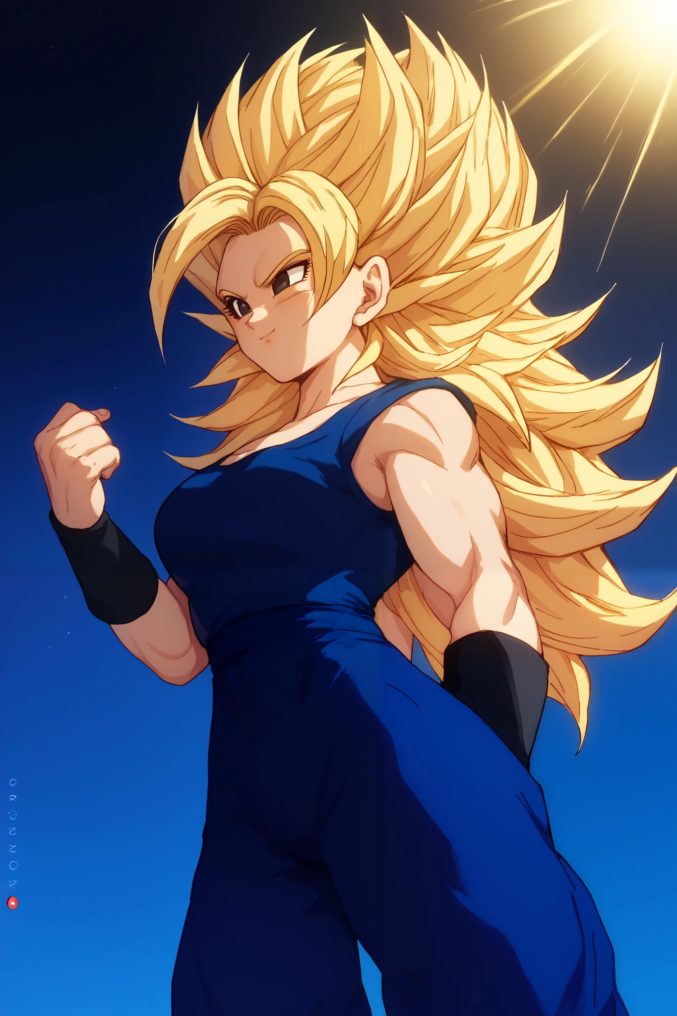 Woman, white skin, Blonde hair, Long hair, bangs, black eyes,, wearing black wristbands, blue leotard,blue pants, Dragon Ball style,Super Saiyan,Emanating a golden aura with rays