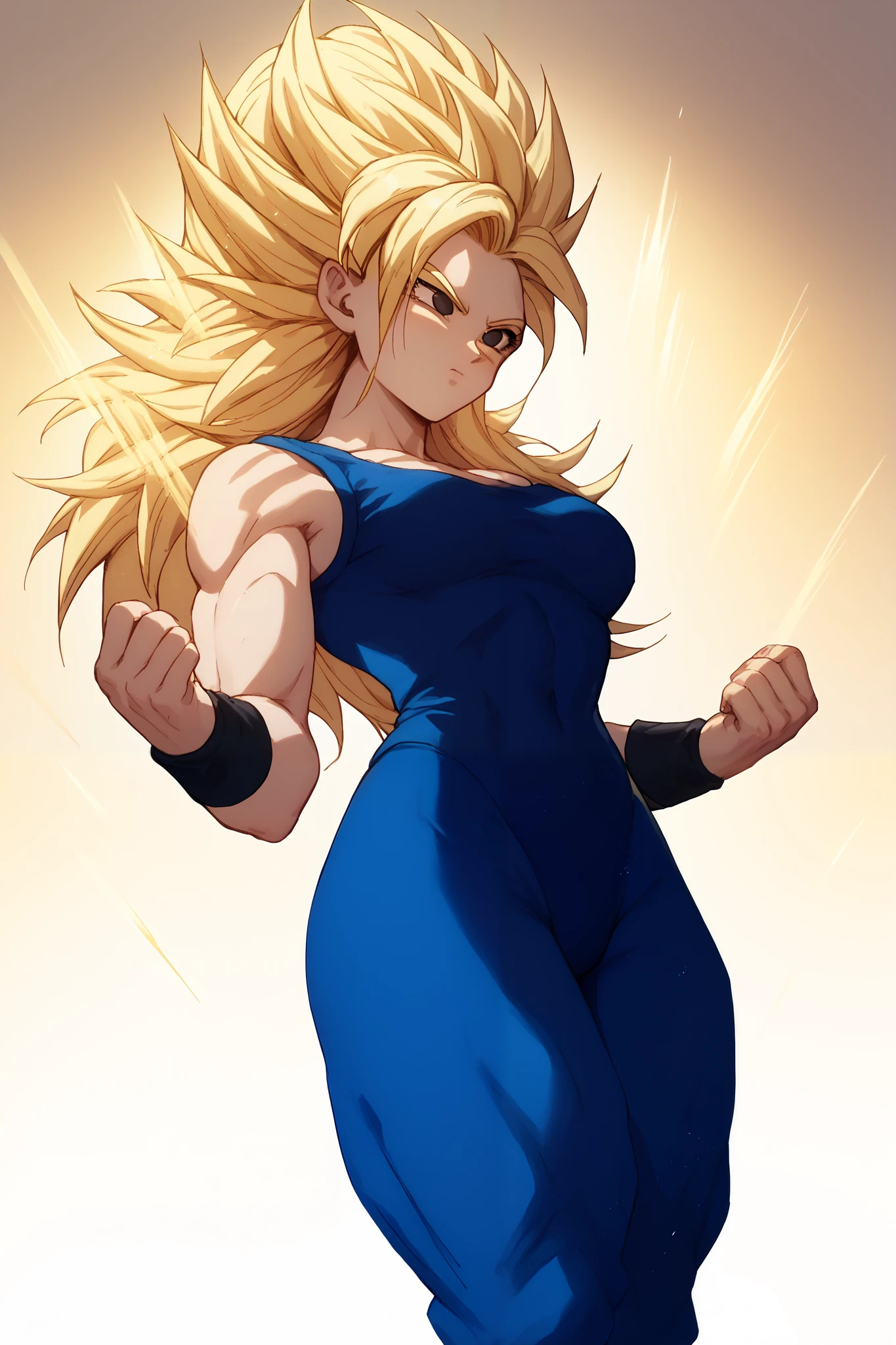 Woman, white skin, Blonde hair, Long hair, bangs, black eyes,, wearing black wristbands, blue leotard,blue pants, Dragon Ball style,Super Saiyan,Emanating a golden aura with rays