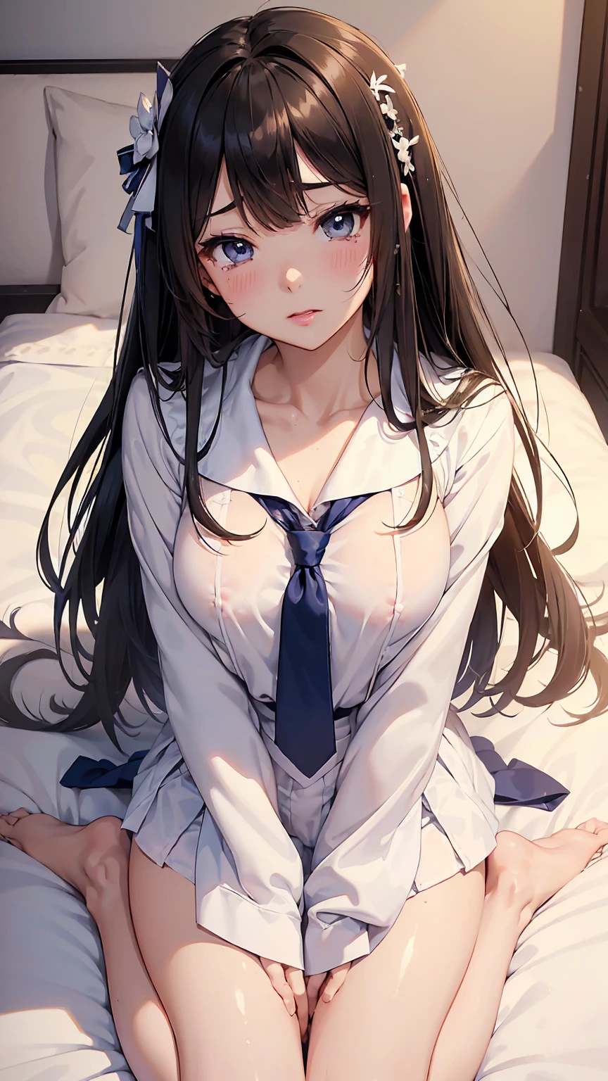 Highest quality, Super Resolution, 8k, Delicate depiction, masterpiece, chibichara, too young girl, Cute, One beautiful junior high school girl, Young face, Baby Face, cute, Lustrous brown hair, Small breasts, (Small breasts:1.4), Bedroom, Uncontrollable sexual desire, Erotic, She's lustful, Lifting her shirt to show her nipples, Tears in my eyes, She shows her nipples, I only show my breasts to you, The nipples and areola are pale pink., She looks very embarrassed with her pussy juice oozing out., I'm ready to give my virginity to you, I want you to touch my pussy, I want you to see my pussy, Get on one knee, The is messy, cute縞模様のパンツ, Shift your panties to expose your, A lewd act only shown to you, She is very lewd, Immoral Eros, Make a man crazy, Dynamic Angle,