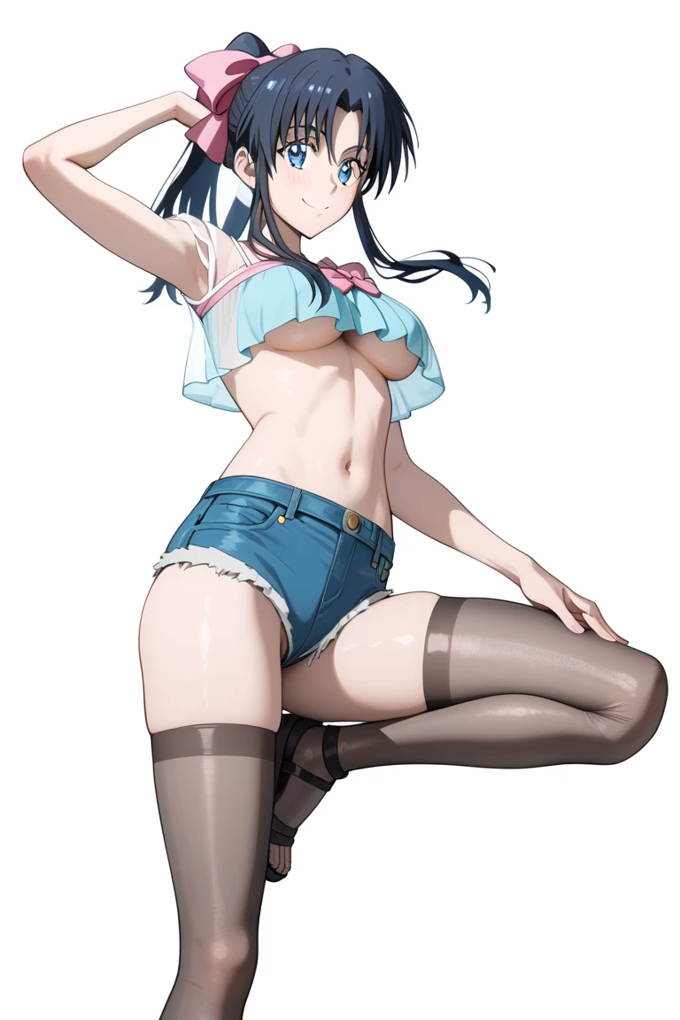 topless,show off nipples,masterpiece, best quality, highres, aamazaki, (antenna hair:1.2), large breasts,bracelet, belt, blue shorts, white thighhighs, smile,