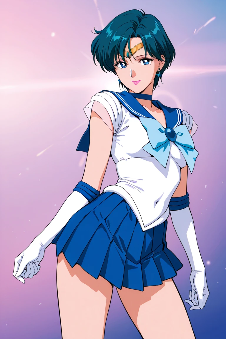 best quality,masterpiece,1girl, solo, (torn clothes:1.3), ecchi anime style, blush,, Sailor Mercury, Ami Mizuno, neck ribbon, blue hair, short hair, circlet, jewelry, crescent earrings