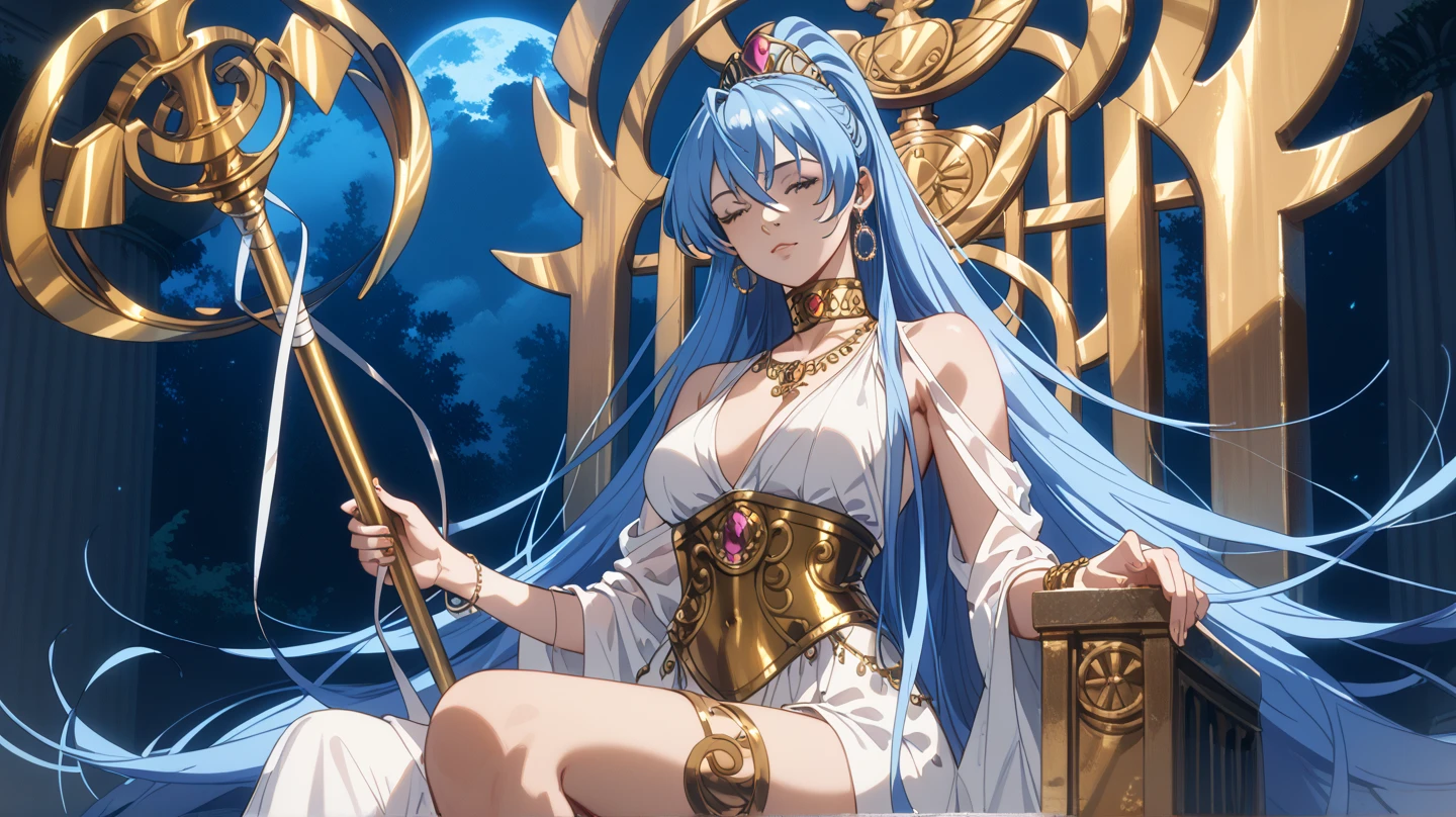 Yunalesca has long silver hair that splays out around her in tendrils during battle. She wears a blue headband with four ribbons finished with blue beads and yellow tassels. The headdress has two long plumes that zigzag to make an 'M' shape. She has yellow eyes.
Yunalesca wears a blue-and-black bra with a curlicue design linked in front by a yellow chain, and a black thong, a thin yellow-tasseled belt, gold bracelets, blue armbands and wristbands, green sashes decorated with the Yevon symbols, silver anklets and a blue garter around her left thigh. She wears a blue bead necklace resembles seashells or fangs. She is barefooted.