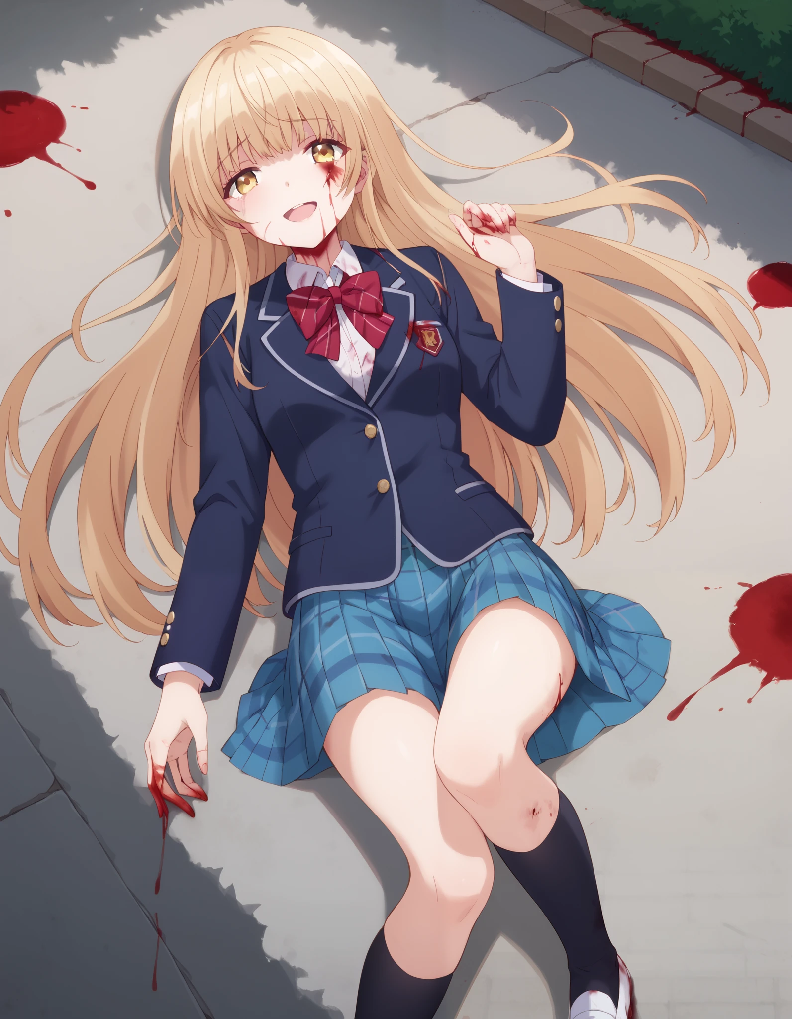 Masterpiece, hd, solo, best quality, sad, opened mouth, long hair, mahiru shiina, bangs, blonde hair, brown hair, yellow eyes, long hair, skirt, bow, school uniform, jacket, pleated skirt,blue skirt plaid, plaid skirt, blazer, blue blazer, red bowtie, black socks, white shoes, outdoor,  smile,  cowboy shot, lying, lying on ground, broken heads, injured heads, blood, (blood :1.2), blood stain, blood splater, gore, gorecore, violation ,death