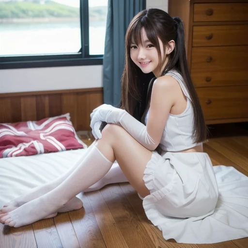 Highest quality, masterpiece, One girl, alone, ferry, Long Hair, ferryBase, Knee socks, Bare shoulders, jewelry, No sleeve, White Dress, Blue Skirt, gloves, bed room, bed, Wooden floor, Sitting, Sitting on bed, From below, Put your hands on your feet, smile, Soft lighting, whole body,