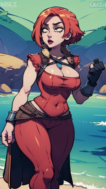 score_9, score_8_up, score_7_up, source_anime, looking at viewer, looking down, cowboy shot, lilithbl2
tattoo, makeup
fingerless gloves, midriff, belt, crop top, vest, pants, torn clothes, large breasts, thick thighs, skindentation, smile, ocean, beach, sunlight, outdoors, Big breasts, cum on breasts