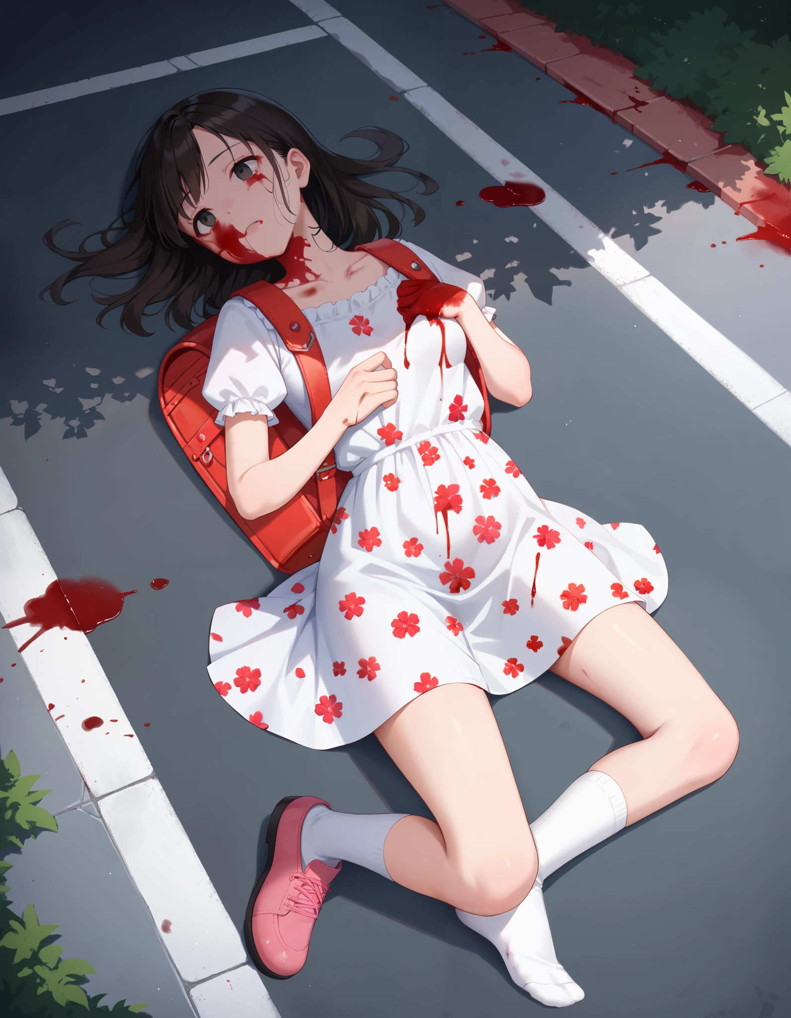 Masterpiece, hd, 1girl, wearing summer dress, colorful dress, short sleeves, puffy sleeves, wearing white socks, pink shoes, wearing school backpack, red backpack, fullbody, lying, lying on ground, outdoor, streets, gore, gorecore, dead, violence, blood,(blood:1.2), a much of bloods, missing heads, explode heads, broken heads, (missing heads:1.2), blood splater, missing hands, broken hands, amputee, broken anatomy