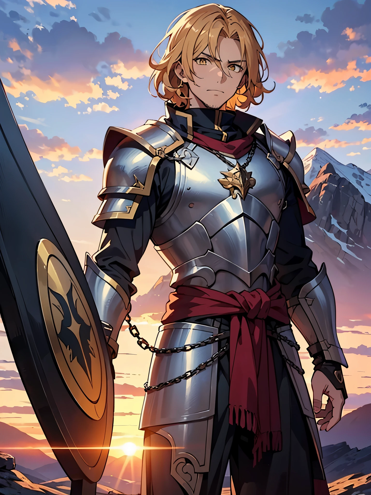 A 33-year-old adult man with fair skin, curly blond hair and yellow eyes. He wears chain mail, a sword at his waist and a shield on his back. He is standing on a mountain, facing the sunset. He has a serious facial expression, like that of a true paladin. Mountainous setting, sunset, late afternoon. Artwork, best quality, 8k, extremely detailed, anime