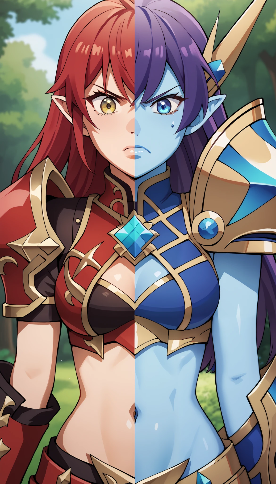 line in the middle, masterpiece, best quality, SplitScreen, split screen, forest background, pointy ear, 1girl, right side, Red hair, Glowing Yellow eye, Red armored crop top, gold trim, red shoulder pad, natural skin tone, slender body, Cleavage, navel, angry expression,
masterpiece, best quality, SplitScreen, split screen, forest background, pointy ear, 1girl, left side, Purple hair, Glowing Blue Eye, dark Purple armored crop top, Gold trim, dark Purple shoulder pad, blue skin tone, slender body, Cleavage, navel, angry expression,