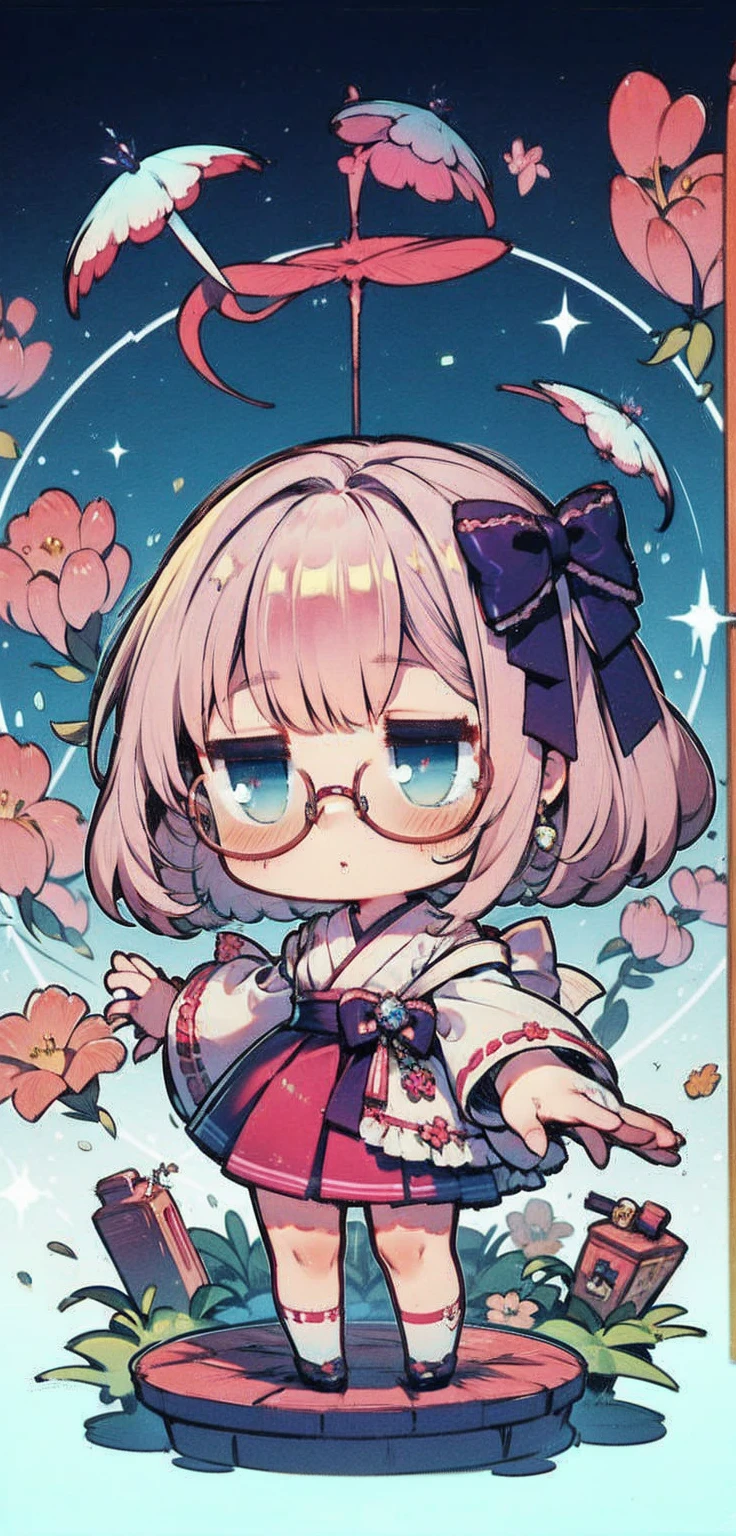  minimalism, 1 girl,  beautiful, Magical girl, Magical girl,  pleated skirt,  Japanese Scene , bow, frills, Raffle, perfect hand, rabbit costume,  Skyscraper, risograph,  chibi, glasses , neon 