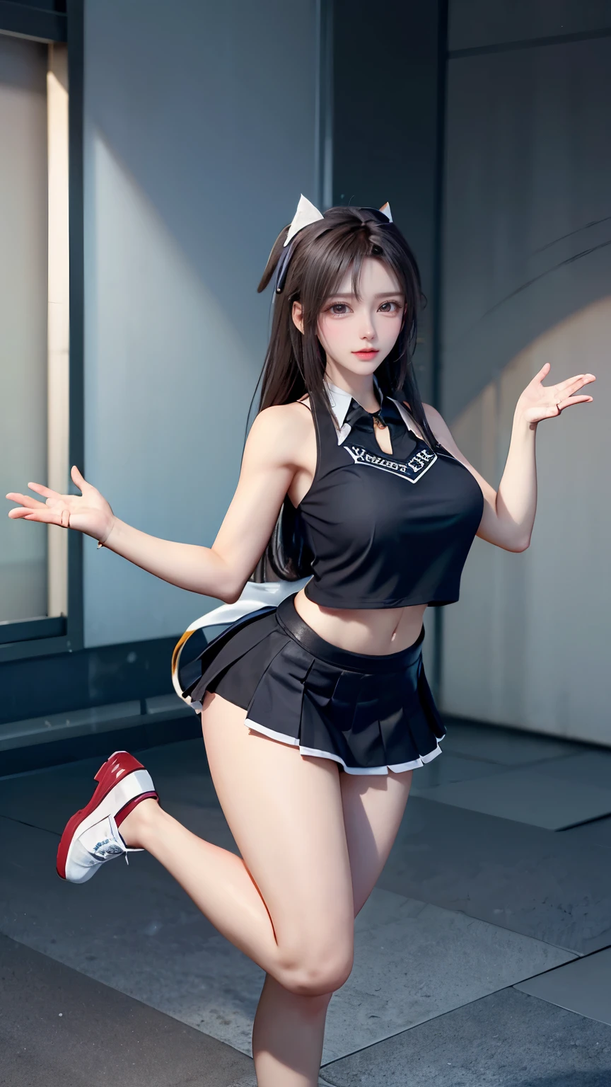 1girls, highly detailed, best quality, illustration, game cg, perfect anatomy, beautiful cute face girl, beautiful dark hair, beautiful detailed eyes, choker, (cheerleader), midriff, school field, natural lighting, aichan, white thigh highs, collarbone, sleeveless, cheerleading, large breasts, glossy lips, lips parted