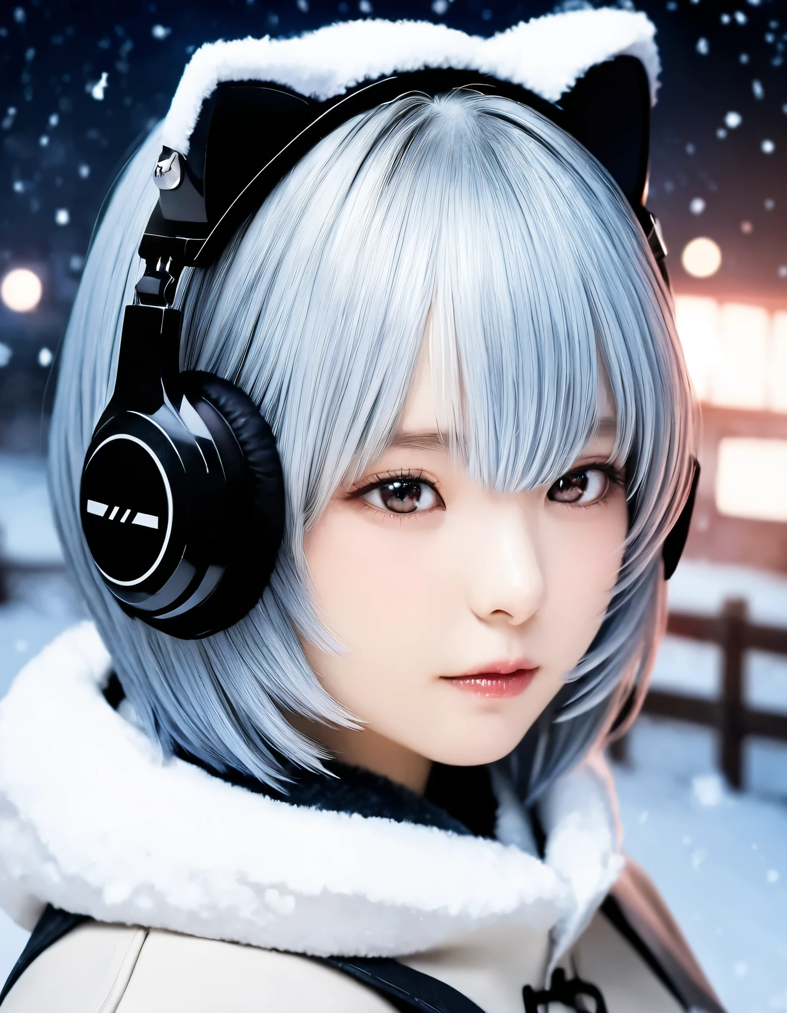(best quality, 8k, high resolution:1.2), 1girl, ayanami_rei, night sky, snow, winter, cat ear headphone, upper body