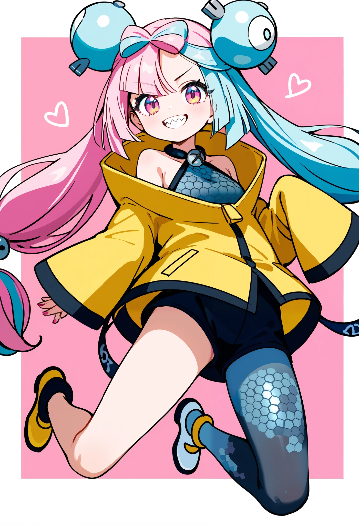 score_9, score_8_up ,score_7_up ,source_anime,source_comic,source_illust,(sideview cute face),pokemon iono,grin,emotional evolution art,(cute jumping pose:1.2),blue hair, bow-shaped hair, character  hair ornament,  hair ornament, long hair, low-tied long hair, multicolored hair, pink hair, sharp teeth, split-color hair, twintails, two-tone hair, pink eyes,asymmetrical legwear, bell, bow-shaped hair, character  hair ornament, hexagon print, oversized clothes, pantyhose, single leg pantyhose, split-color hair, jacket, yellow jacket,simple pink color background, Nostalgic Scenes,Your Memories ,(manga style),(sketch),(illustration),