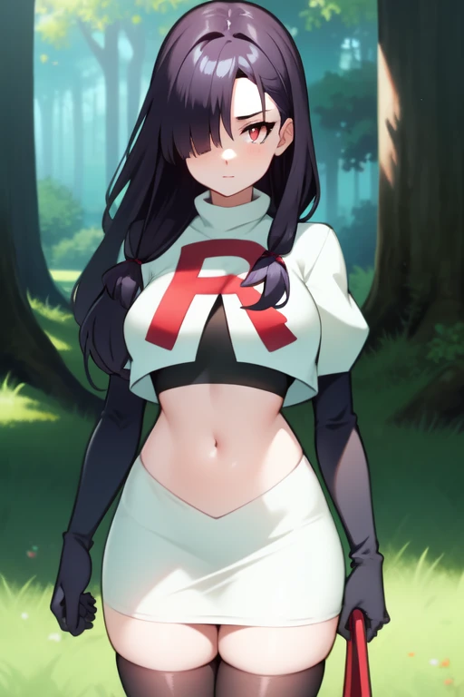 ((masterpiece,best quality)), team rocket,team rocket uniform, red letter R, white skirt,white crop top,black thigh-highs,black elbow gloves zettai ryouiki, aamona, long hair, twintails, hair ornament, black ribbon, earrings, witch hat, purple headwear, cowboy shot,
