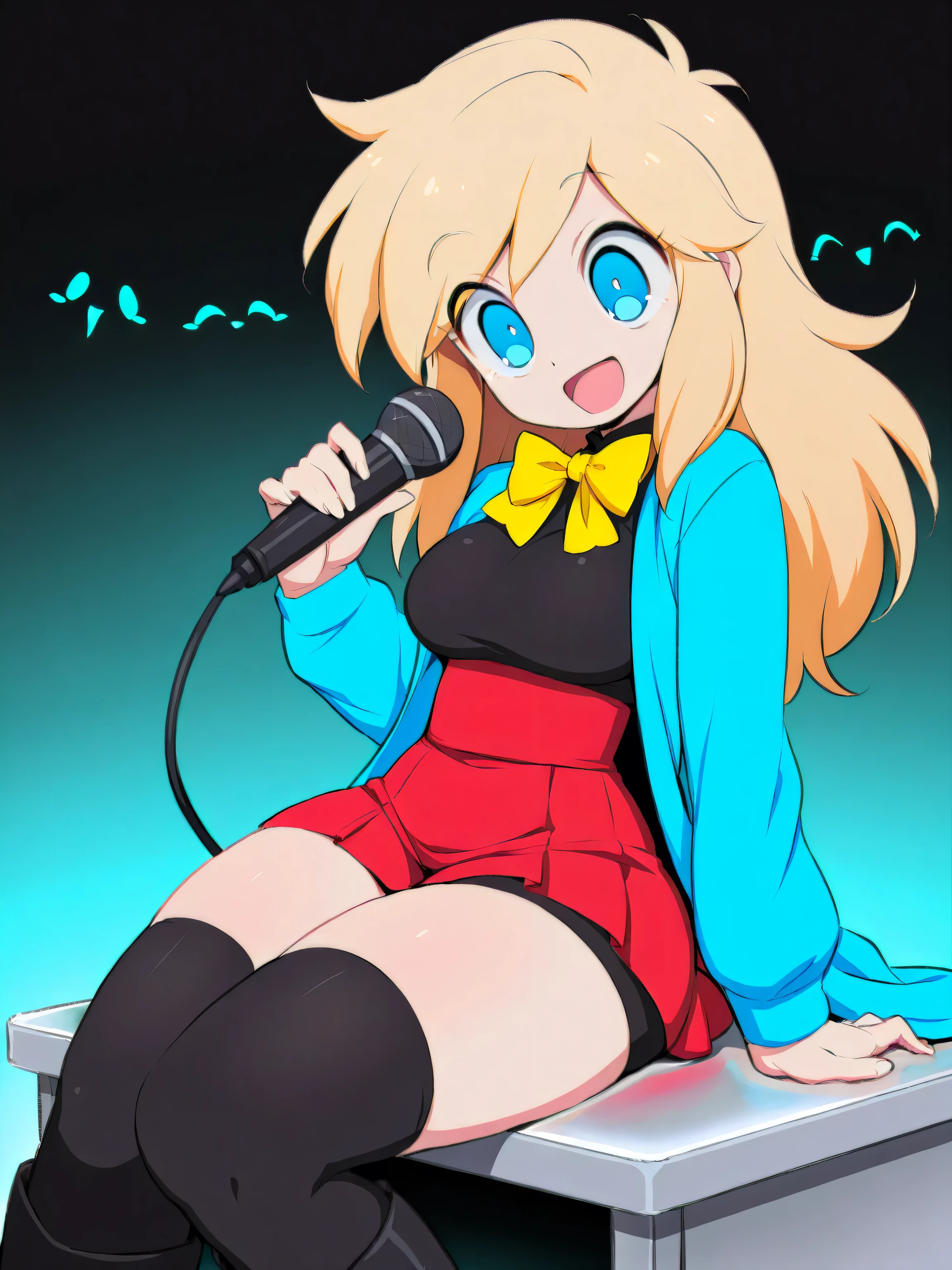 laboratory, happy, sitting on a desk, holding microphone, female, long blonde hair, blue eyes, red skirt, black shirt, blue coat, black thighhighs, black small shorts, large thighs, black boots, yellow bowtie, medium breasts, (masterpiece), best quality, expressive eyes, perfect face, ,score_9, score_8_up, score_7_up,source_anime,BREAK,masterpiece, best quality, amazing quality, highres, absurdres