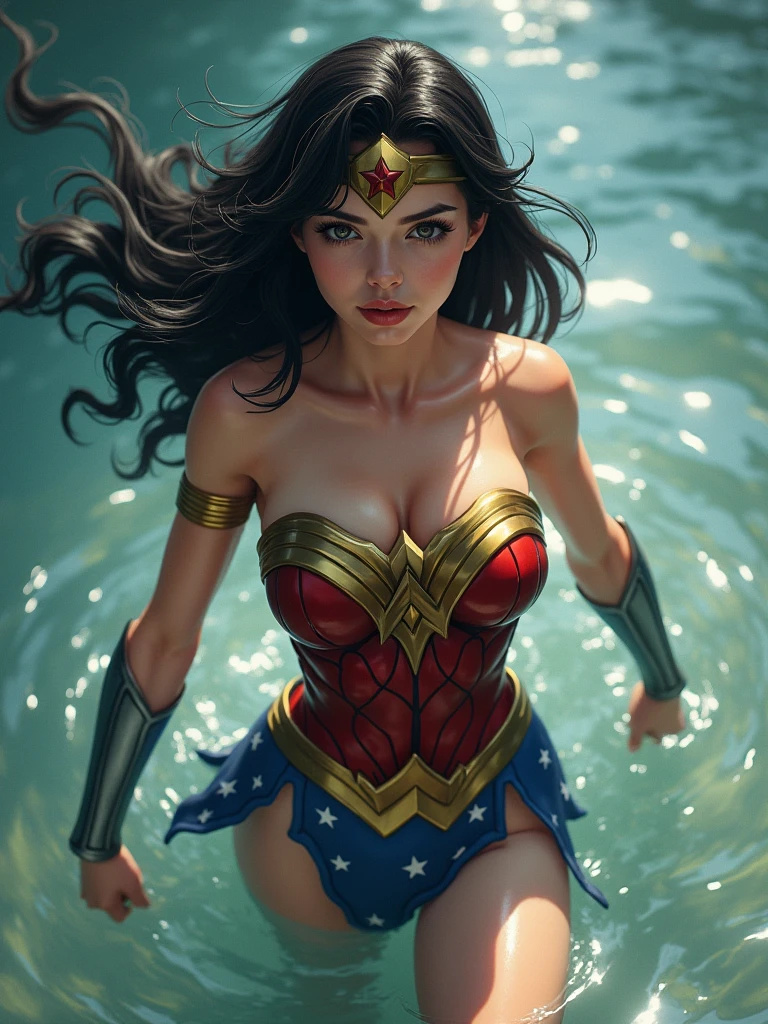 araffed woman covered in foam submerged in a bathtub, submerged to breasts, breasts floating on water, beautiful wonder woman, ((Big breasts:1.4)), gorgeous model,sexy model, beautiful wonder woman, bathtub, a goddess, (1girls:1.3), Solo, Pretty Woman, Wonder Woman, (intricate details, makeup), (detailed beautiful delicate face, detailed beautiful delicate eyes, a face of perfect proportion), (Glossy skin: 1.0), fine detailed skin, strong and realistic blue eyes, realistic black hair, lip, makeup, natural skin texture, tiara, red and gold bustier, blue leotard with white stars, silver bracelets, (Red knee high boots:1.2), golden belt, (Wonder Woman clothing:1.0), bare shoulder, ((light tan skin: 1.4)), mature, Sexy, elastic muscles, (muscluar: 1.2), ((strong and healthy body)), ((((the more) muscluar))), Long leg, curved, (Big breasts: 1.3), rib, thin waists, soft waist, (fine detailed skin), (beautiful and sexy woman), (swollen lips: 0.9), (eyelash: 1.2), very delicate muscles, perfect body figure, perfect anatomy, perfect details, perfect fingers, perfect limbs, (The Perfect Hand: 1), areolas protruding, protruded camel toe, ((wet:1.3)) ,bubble bath, excitement, heat