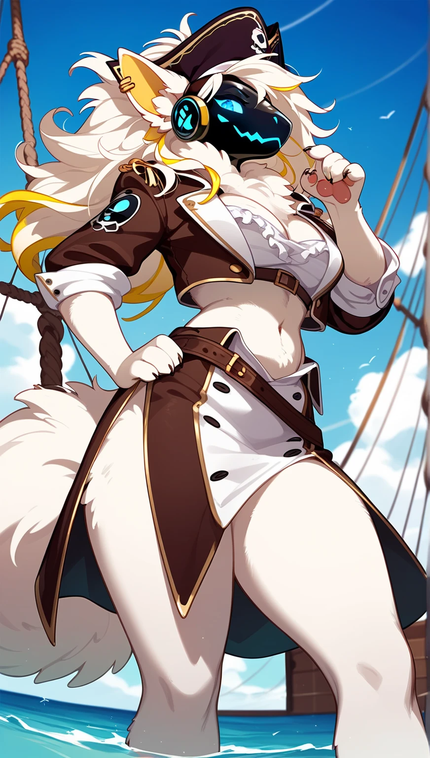 top quality, best quality, High-quality illustrations, masterpiece, super high resolution, detailed background, Hospitals with power outages, Spooky creatures, Pirate Ship, a pirate, 1girl, absurdres(highly detailed beautiful face and eyes)perfect ???????, expression, good lighting, cinematic shadow(kemono, furry anthro),